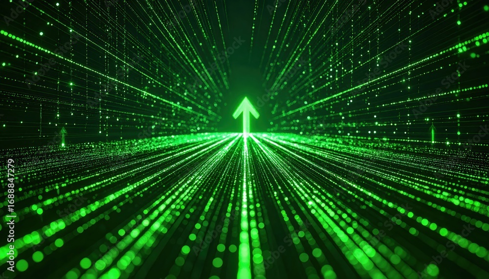 Poster a vibrant green abstract image depicting lines and dots moving forward with an upward arrow, suggest