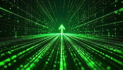 Obraz premium A vibrant green abstract image depicting lines and dots moving forward with an upward arrow, suggesting progress and direction.
