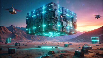 A futuristic cube fortress hovering above a neon desert glowing with light  