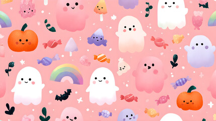 Cute pastel Halloween wallpaper with baby ghosts, mini pumpkins, and candy