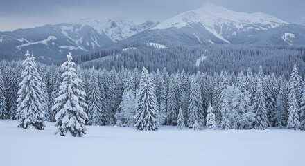 Serene Winter Landscape: Snow-Covered Forest and Majestic Mountain Backdrop