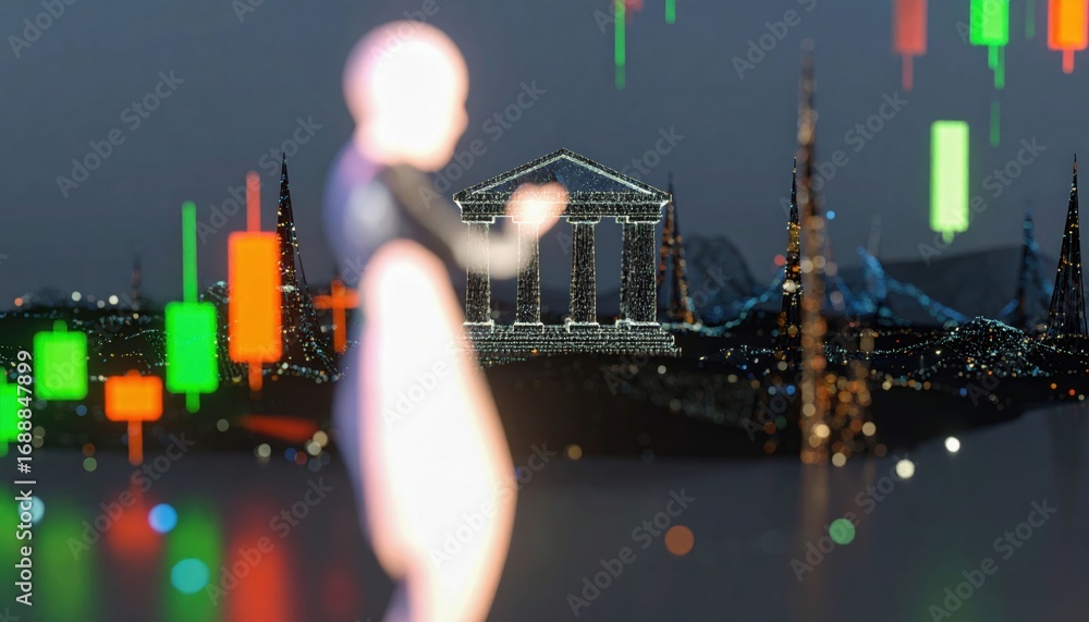 Poster a futuristic scene featuring a silhouetted figure in front of a stylized cityscape with colorful dat
