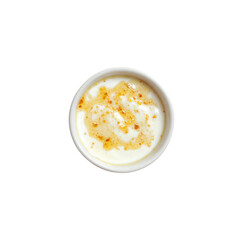 Overhead View of Creamy Yogurt with Honey and Granola Topping in Small White Bowl