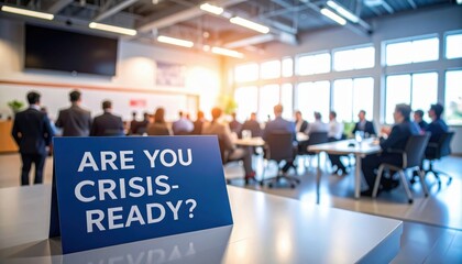 A group of professionals in a conference room focused on crisis readiness, with a prominent sign asking, "Are you crisis-ready?" in the foreground.