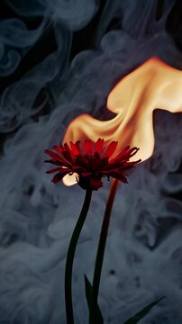 A dramatic close-up video shot of a flower with swirling smoke and flames in the background, captured from a low angle for a dynamic effect. Live mobile wallpaper.