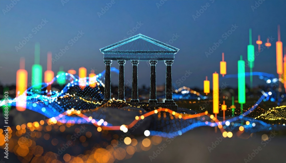 Poster a digital representation of a building overlaid with financial data visuals, depicting the intersect