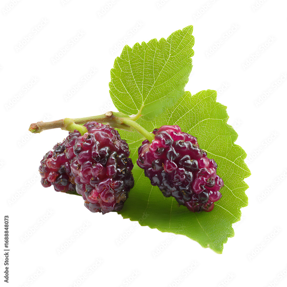 Poster close - up of ripe mulberries on a green leaf showcasing their deep color and texture against a tran
