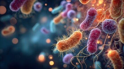 Obraz premium Human pathogenic bacteria of different shapes, photorealistic generative ai illustration. Includes cocci, bacilli, spirilla, and vibrio forms