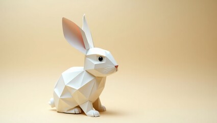Bonita escultura de conejo de papel sentado bajo una luz tenue. Tonos blanco y beige. Hecha a mano