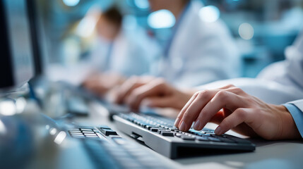 Healthcare professionals collaborating on medical coding tasks using computer systems medical coding hospital administration healthcare tech with copy space