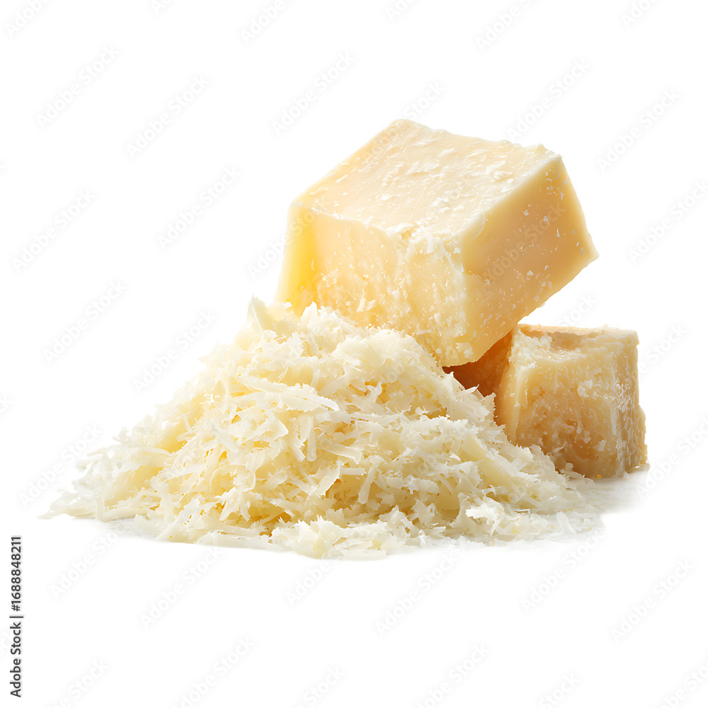 Poster hard cheese two large cubes and a pile of shredded cheese is seen against a solid transparent backgr