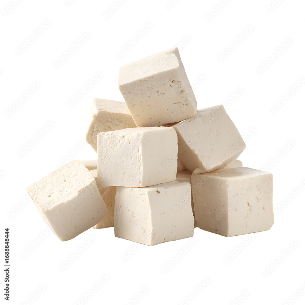 Poster stack of tofu cubes isolated on black creamy plant - based protein source use in many vegetarian and
