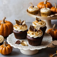 Festive desserts designed with fall inspired decorations, showcasing cream frosting, chocolate, and pumpkins for cozy seasonal aesthetic