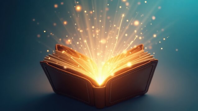 Billetera abierta brillante y radiante con rayos de luz luminosos, rodeada de destellos, que representa ahorros, descuentos y entusiasmo por las compras
