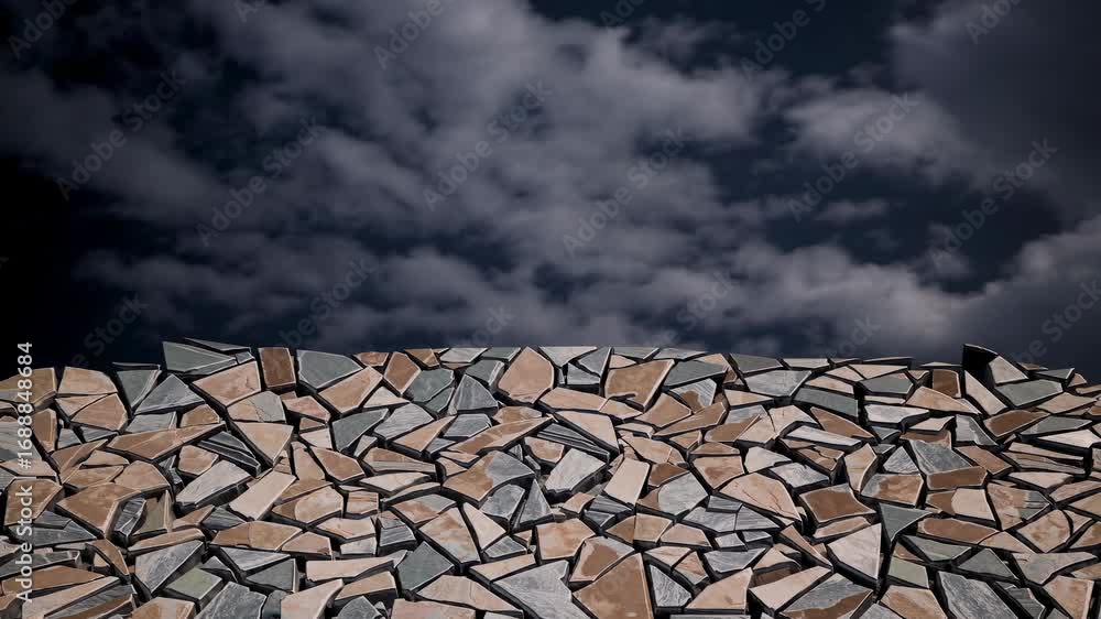 Poster abstract mosaic surface under cloudy night sky creating a serene atmosphere, featuring dark earthy t