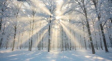 Winter Forest Sunlight: Snow-Covered Trees with Radiant Sunbeams