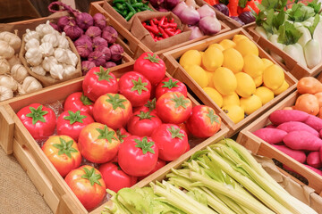 Fresh Fruits and vegetables at a farmer market,raw fruits,nutrition,organic,healthy eating or shopping in a grocery store.