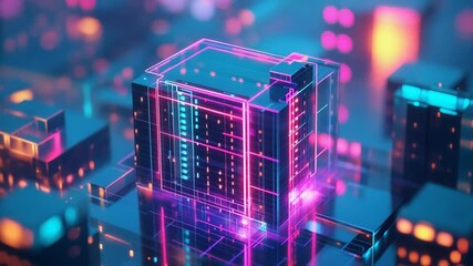 Futuristic server tower glowing in neon cityscape - Powered by Adobe