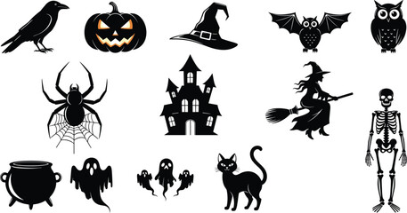 Halloween spooky silhouettes with haunted house, witch, pumpkin, ghost, bat, black cat, spider, skeleton, and festive scary vector illustration design