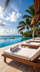 Fototapeta premium Luxurious poolside loungers with ocean view