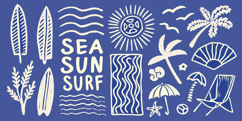 Hand drawn beach elements collection featuring sea sun surf text palm trees sun and surfboards