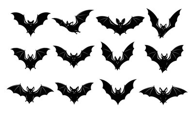 Black bat silhouettes soaring against a white background, perfect for spooky Halloween designs and concepts