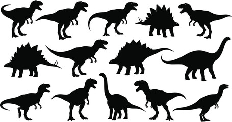 Set of Fourteen Dinosaur Silhouettes in Various Poses, Prehistoric Vector Illustration for Paleontology, Education, History, and Jurassic Design Projects