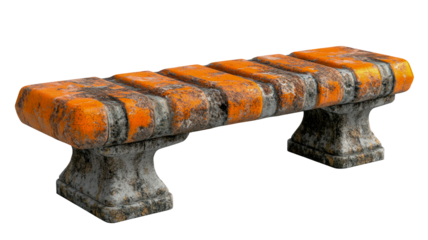 Weathered concrete bench with segmented rust-orange and grunge gray surfaces, showcasing distressed, industrial aesthetic against dark background in realistic 3D render