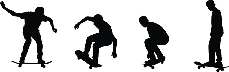 Naklejka premium Set of skateboarder silhouettes performing tricks and stunts in various poses, black extreme sports vector illustration for action, youth, and lifestyle design