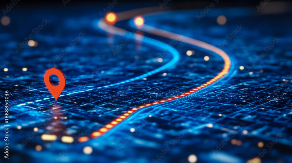 Poster dynamic digital map showing illuminated orange route with bright red location marker on blue glowing