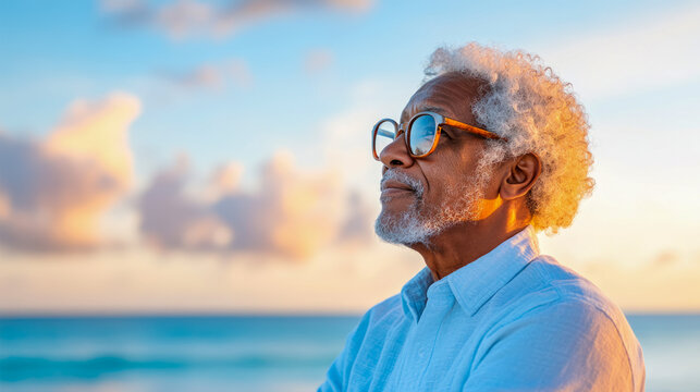 Elderly African American man with distinguished grey curly hair and beard, wearing glasses, gazing thoughtfully at tranquil sunset sky over blurred ocean horizon - Powered by Adobe