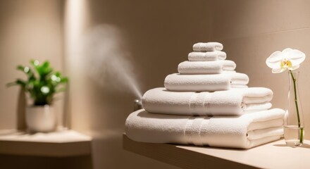 A stack of fresh white towels on a shelf with an orchid and a spray of mist creating a spa-like atmosphere.