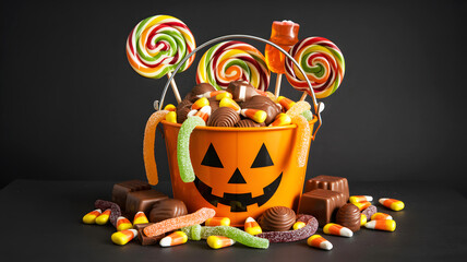 Halloween pumpkin jack o lantern bucket overflowing with assorted candies and lollipops