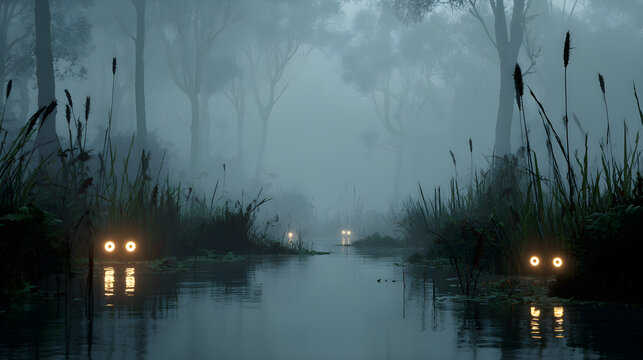 Eerie swamp with glowing eyes peeking from the water, fog everywhere