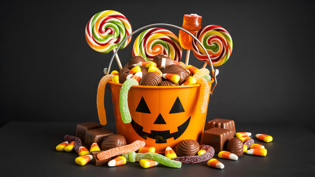Halloween pumpkin jack o lantern bucket overflowing with assorted candies and lollipops