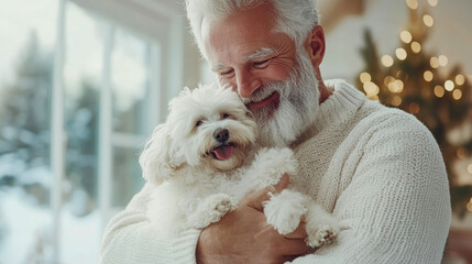 Heartwarming moment of smiling senior man with white beard cuddling his beloved small white dog indoors, set against blurred winter window and festive Christmas lights.
