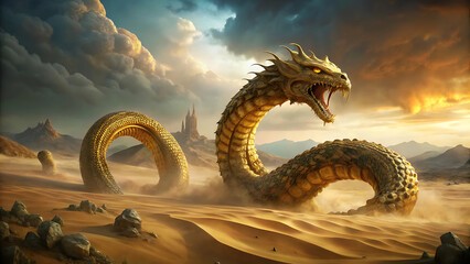 A giant serpent of golden sand slithering across glowing desert dunes  