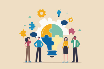 Diverse team collaborating on a bright idea represented by a puzzle lightbulb and gears