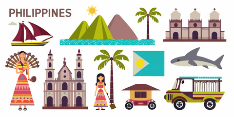 Collection of philippine cultural symbols and landmarks illustrated in a flat design style