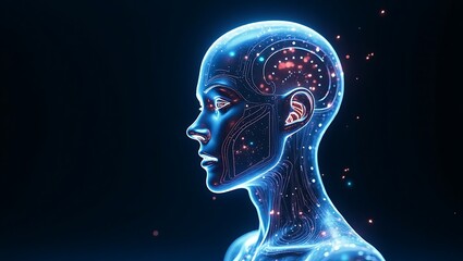 Obraz premium Futuristic humanoid head with glowing circuits and data streams