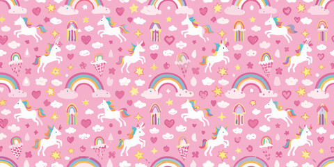 Whimsical pink seamless pattern featuring cute unicorns rainbows clouds hearts and stars