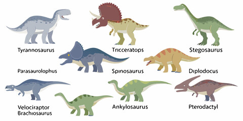 Collection of ten different cartoon dinosaurs labeled with their names on a white background