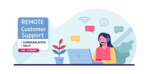 Woman with headset working remotely providing customer support and communication skills for the gig economy