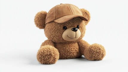 Enchanting 3d render of a teddy bear wearing a baseball cap isolated on a pure white background for various uses