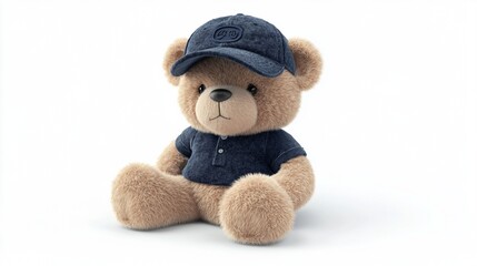 Delightful 3d render of a teddy bear sporting a baseball cap set against a bright white background for visual projects
