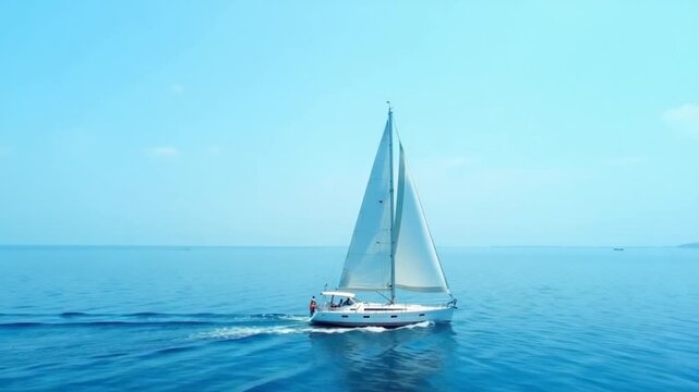 Aerial. Sailboat is sailing in the ocean with a clear blue sky in the background