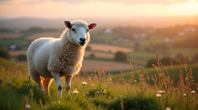 A sheep stands in a field at sunset. Peaceful rural scene.