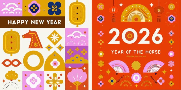 Happy new year 2026 year of the horse festive illustration with traditional chinese decorative elements and abstract patterns