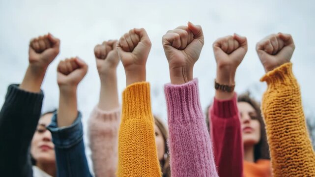 Group of activists raising fists in a protest, demonstrating for equal rights and social justice