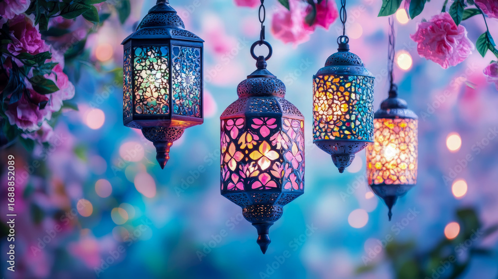 Poster enchanting ornate lanterns with intricate patterns glowing softly amidst vibrant pink flowers and et